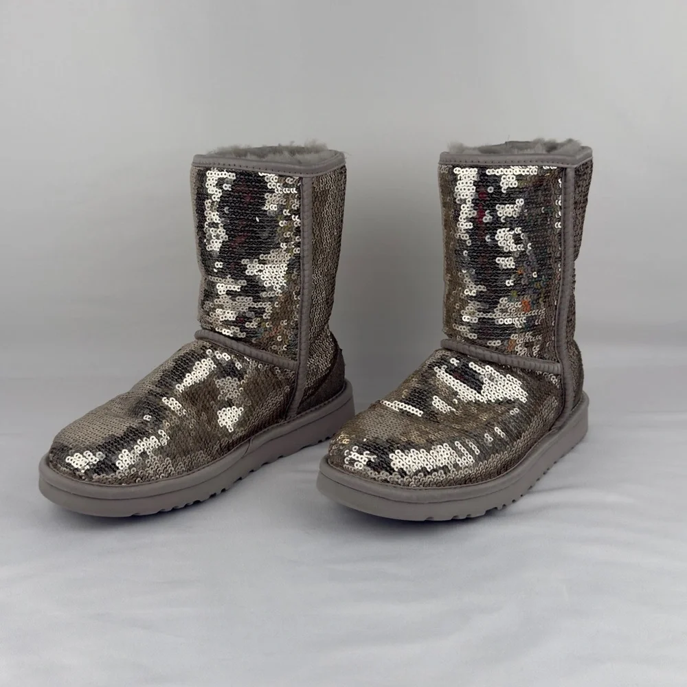 UGG Classic Short Sequin Sparkle Boots Silver Womens US 5